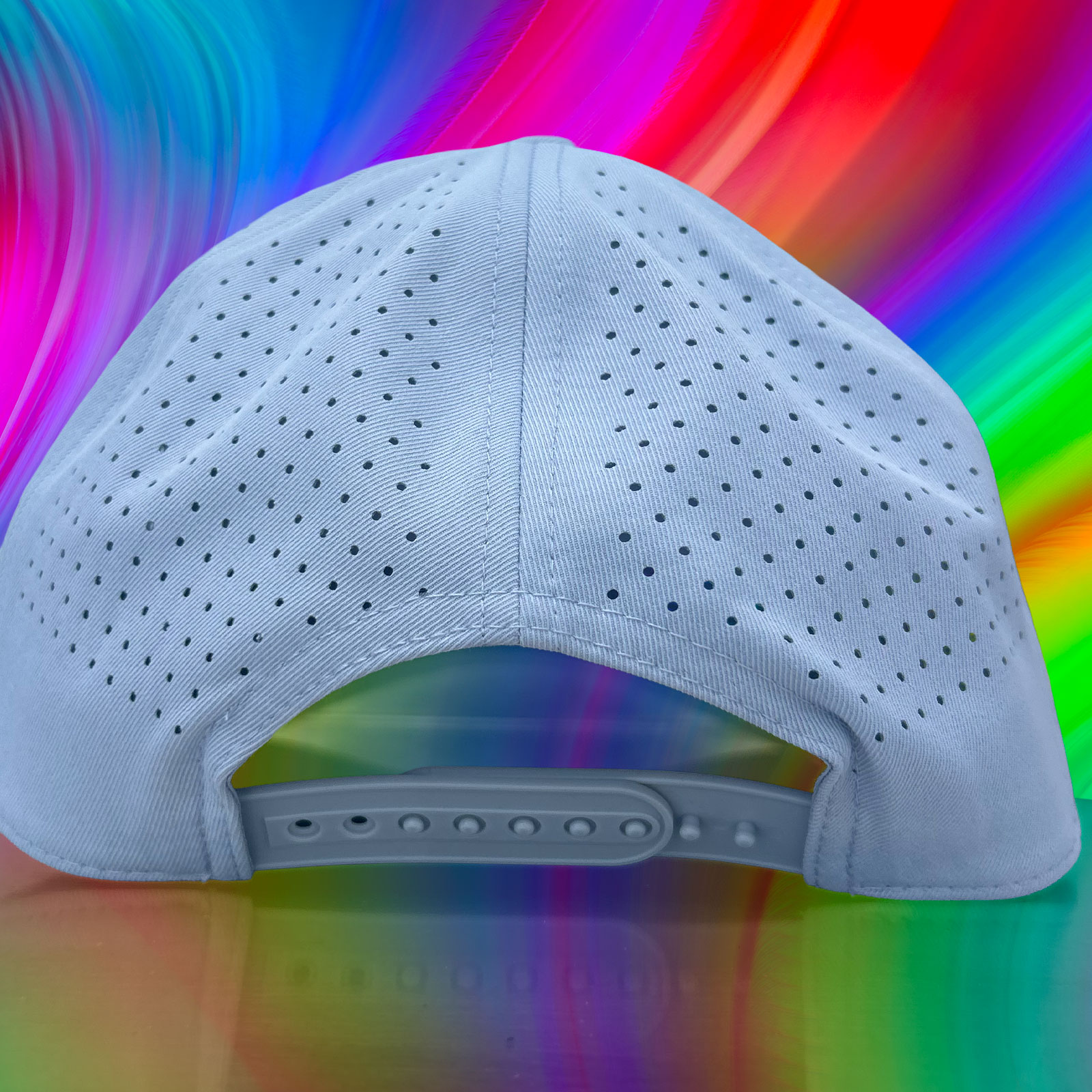 Snapback closure and laser-perforated mesh, back of hat